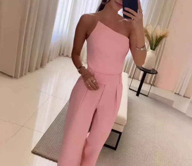 

Two Piece Set Women Outfit 2024 Spring Solid Color Asymmetrical Collar Sleeveless Top & High Waisted Casual Ruched Pants Set