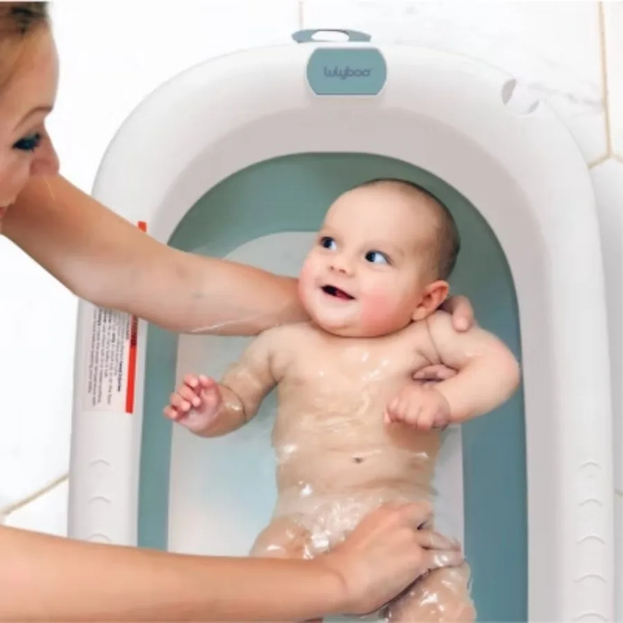 حوض استحمام للأطفال قابل للطي، قابل للتعليق، محمول، غير قابل للانزلاق، مناسب للمساحات الصغيرة مع تحذير لميزان الحرارة
