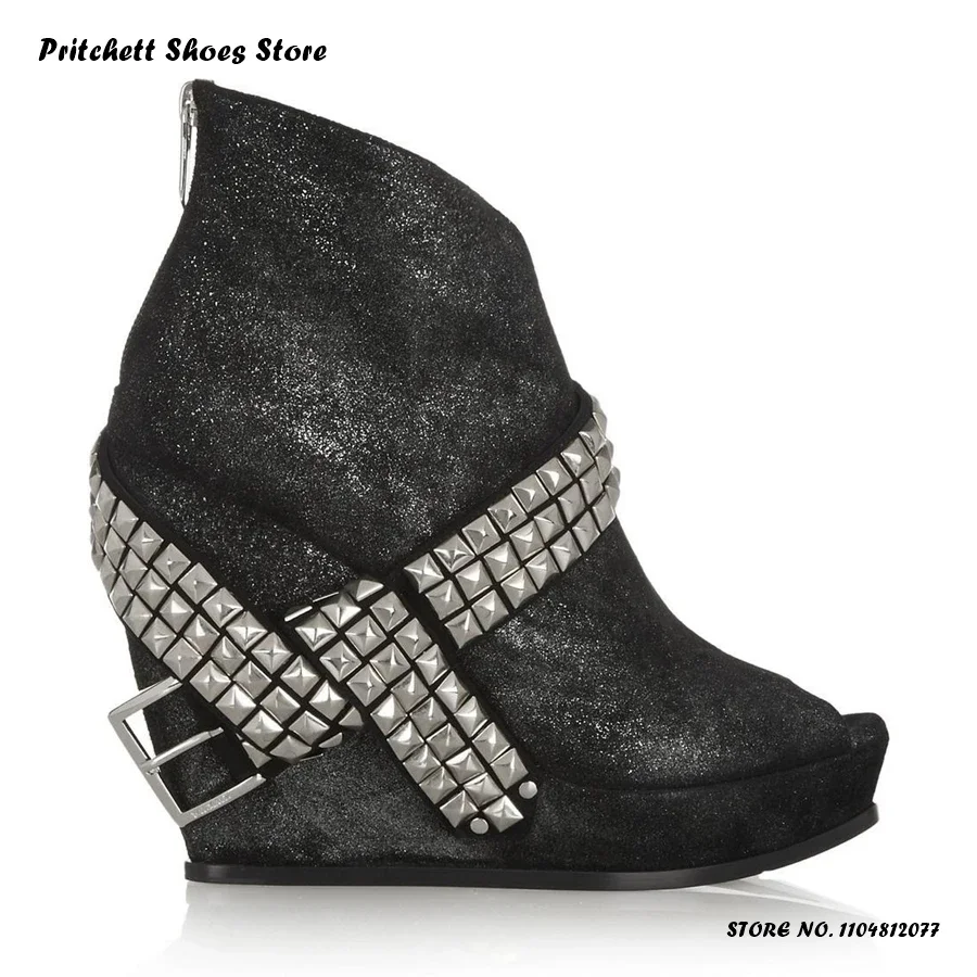 

Women's Stud Wedges Platform Booties Round Open Toe Belt Buckle Cool Ankle Boots Spring Summer Street Style Trending Shoes