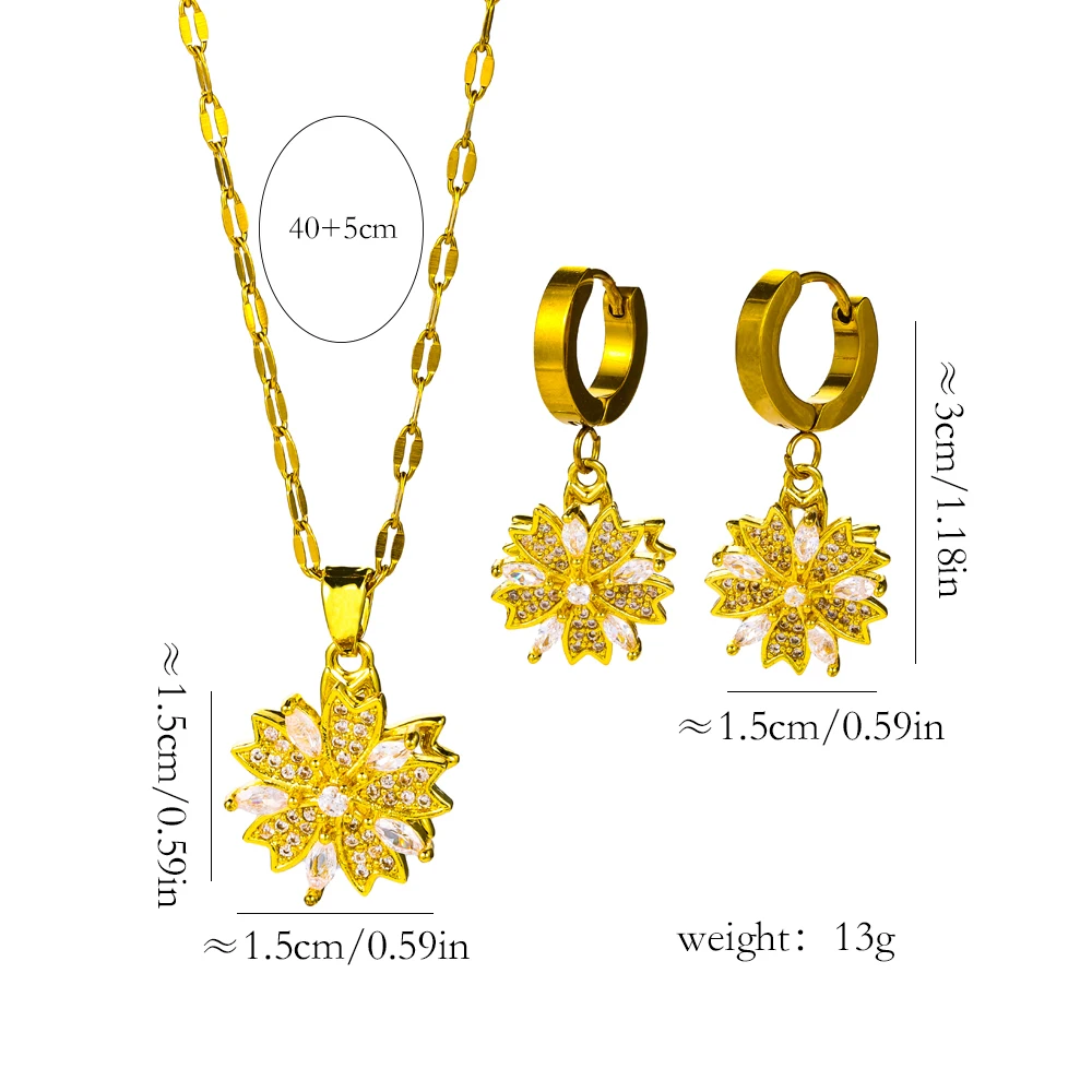 New In 18K Gold Plated Rotatable Lucky Sakura Pendant Necklace Earrings For Women Female Stainless Steel Neck Chain Jewelry Set