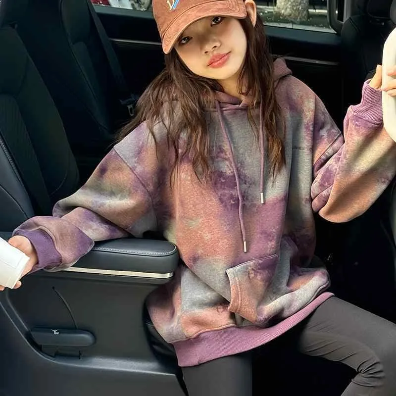 Girls' 2025 New Arrivals Korean Style Autumn/Winter Thickened Fleece-Lined Tie-Dye Hooded Trendy Hoodie