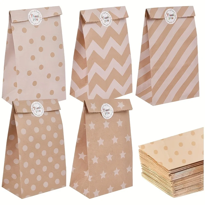100/24 Stück braune Kraftpapier-Geschenktüten mit Aufklebern für Geburtstage, Hochzeiten, Weihnachtsfeiern, kleine Geschenktüten, Partygeschenke