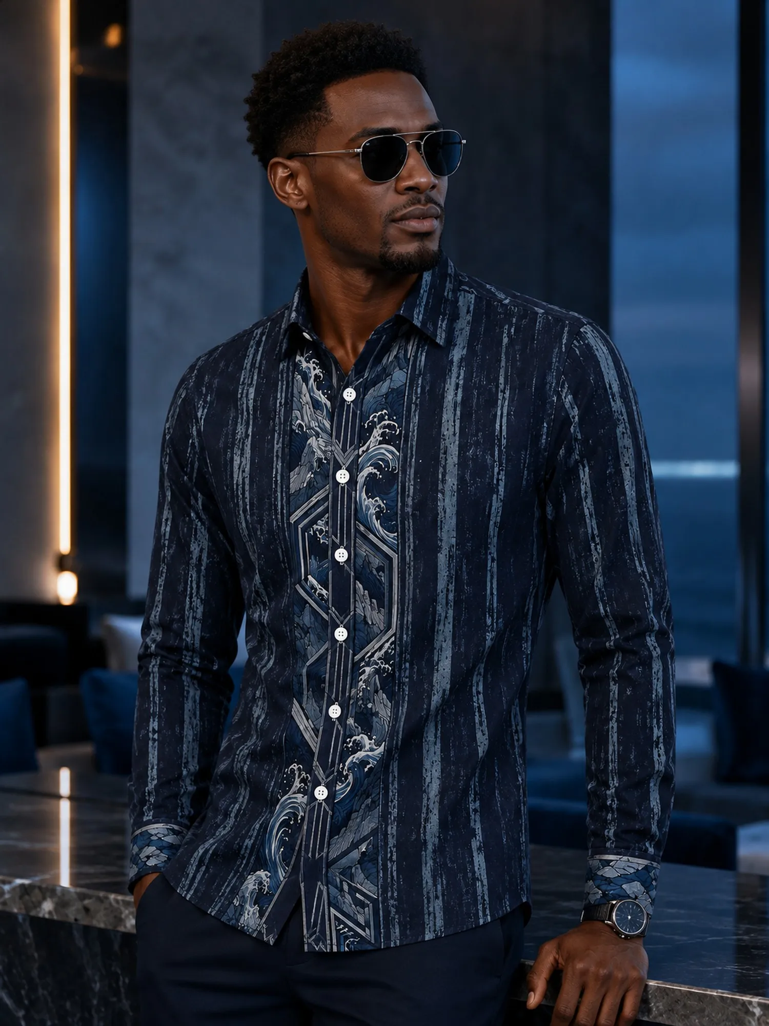 New Autumn/Winter Collection Long-Sleeve Shirt with Dark Wavy Vertical Stripe Random Print Design