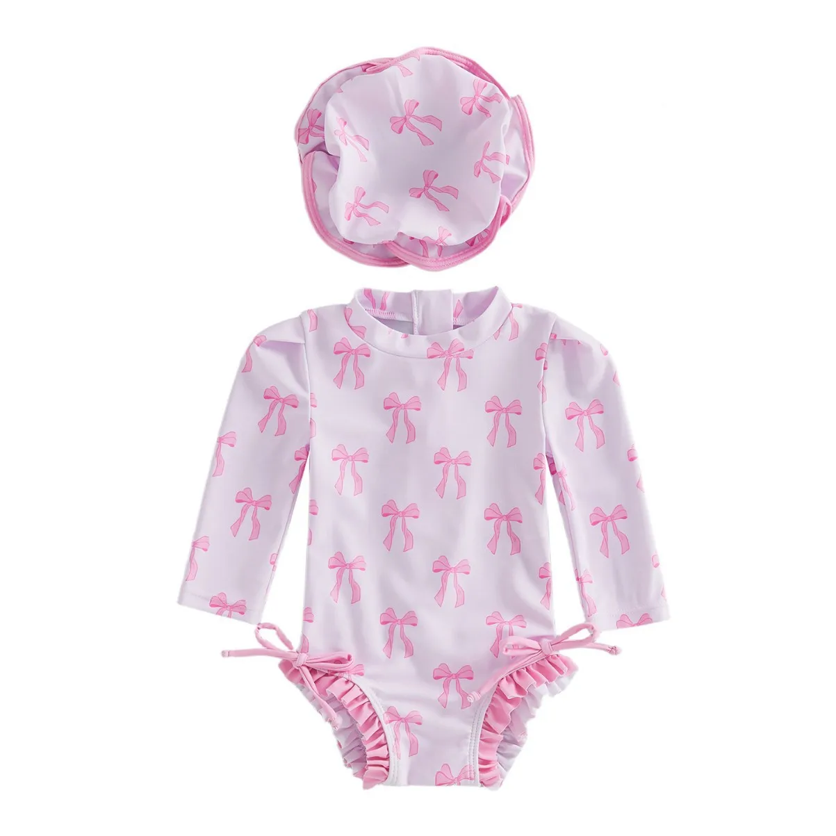 Summer Girls One-piece Swimsuit Kids Cute Bowknot Print Sun-protective Long Sleeve Quick-Dry Triangle Swimwear Baby Bathing Suit