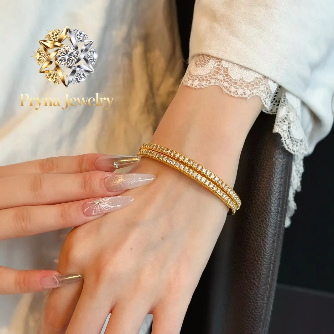 

Pryna Jewelry Light luxury fashion 24K real gold half-circle diamond snap bracelet au9999 gold stacked women's jewelry