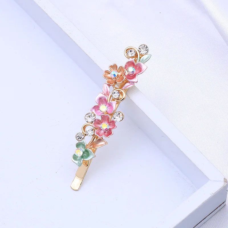 Vintage Flower Hair Pins Women Barrette Bobby Decorative Metal Gold Tone Hairpins Colorful Floral  Hair Clips French Rhinestone