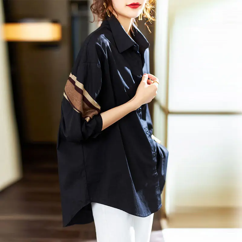 

Women's Clothing Spring New Commute All-match Diamonds Spliced Casual Blouse Female Button Loose Vintage Turn-down Collar Shirt