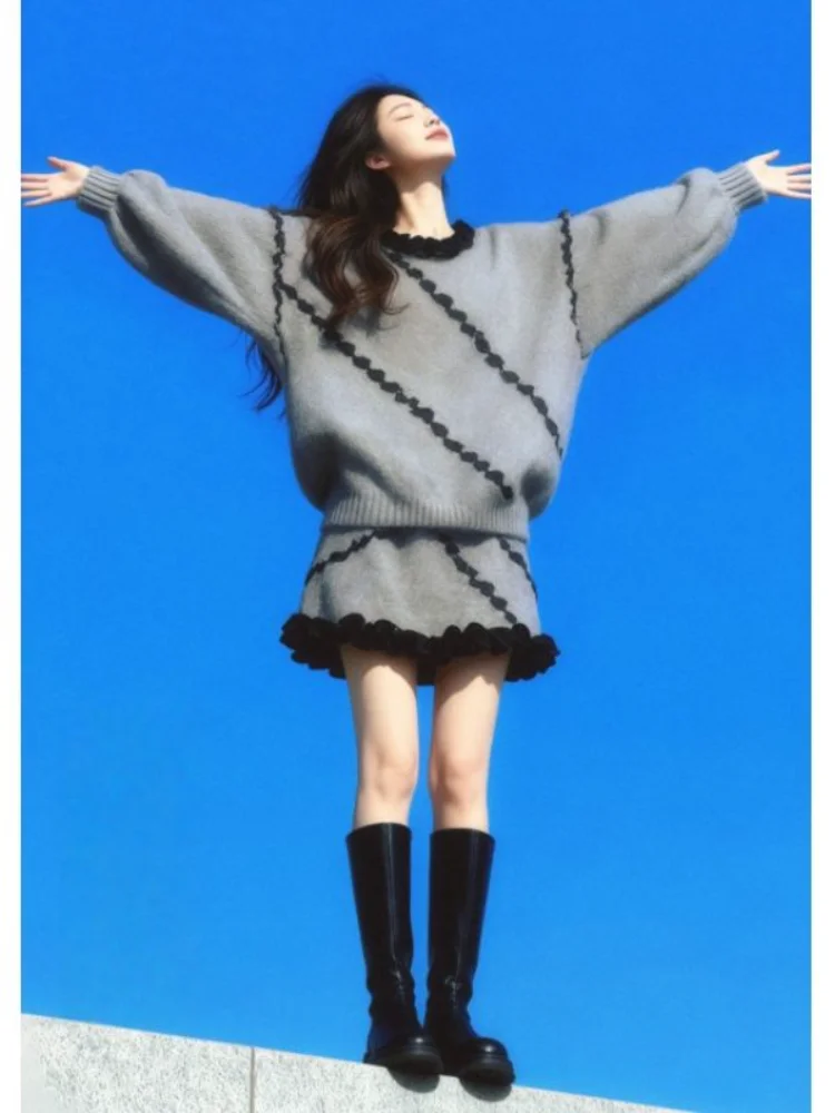 Doce preguiçoso sle camisola de malha feminina e saia ort conjunto de duas peças casual confortável ajuste outono inverno faion ensemble