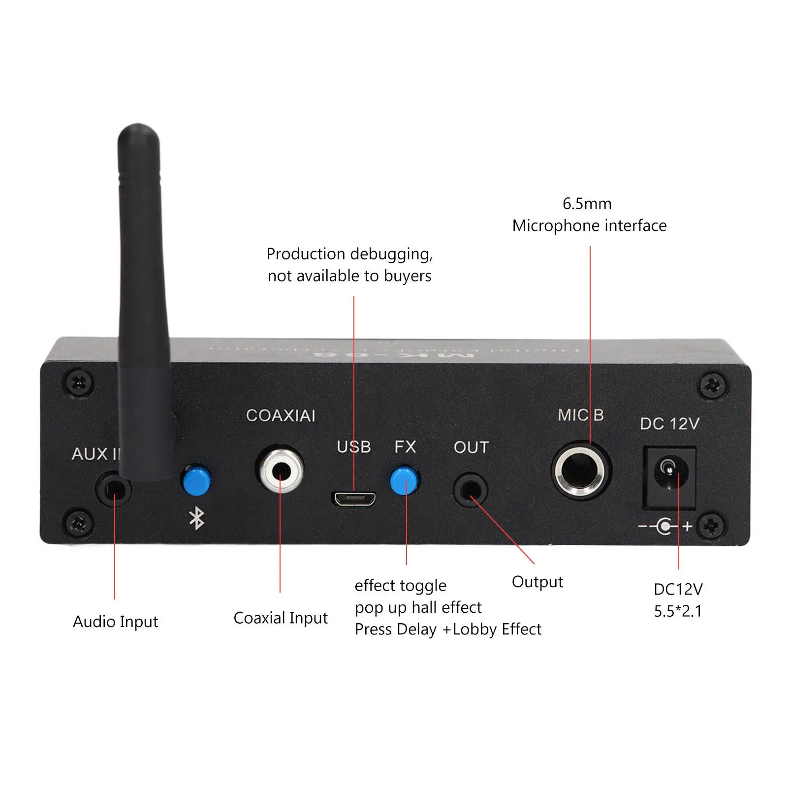 5.0 Stereo Digital Reverberator Amplifier with Dual Microphone Input - 12V Power Supply