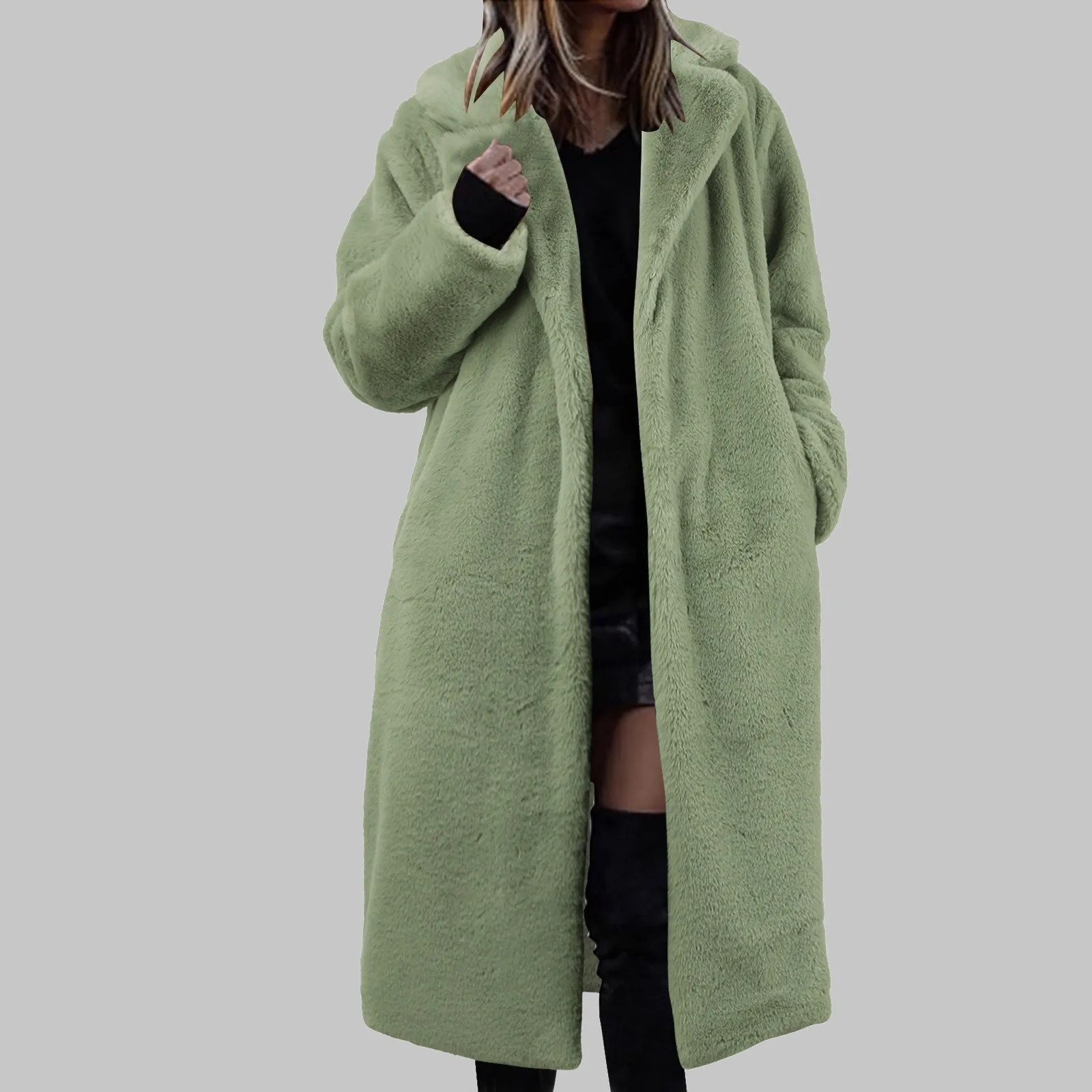 Womens Winter Warm Lapel Faux Fuzzy Coat Jacket Overcoat Mink Fleece Spliced Mid Length Coat Suit plus Raincoat Women