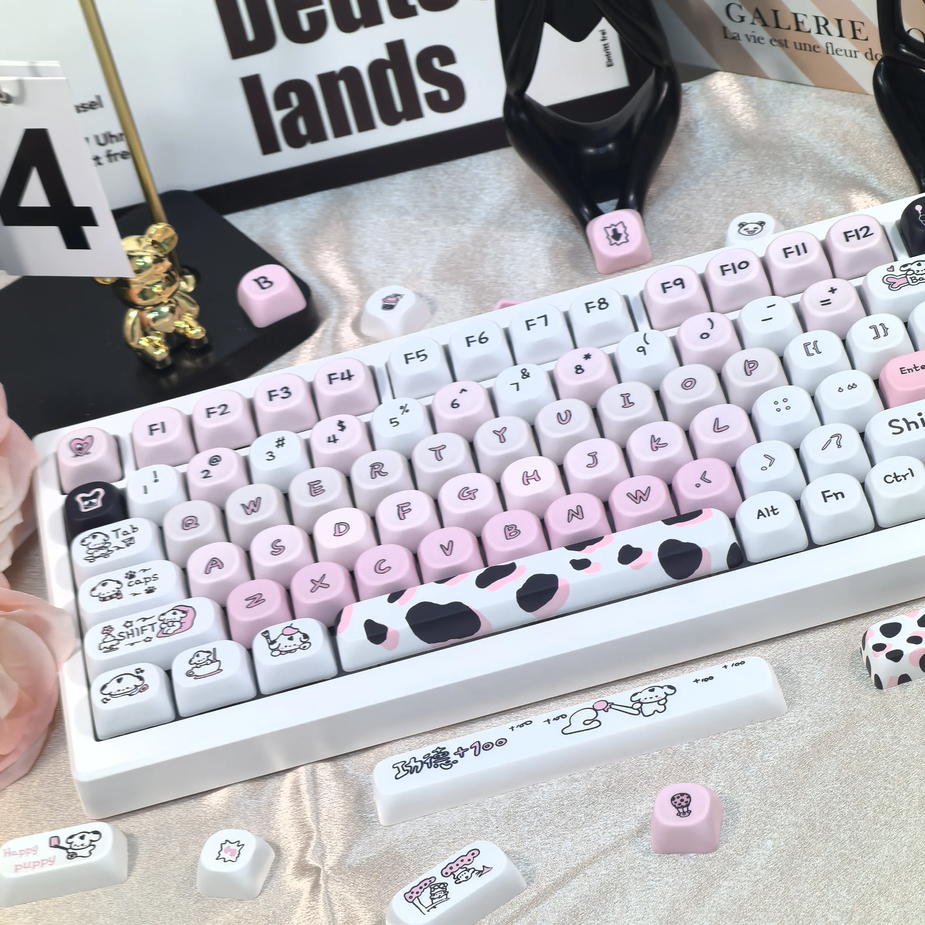 Pink Puppy Keycaps White Moa Cute Keycap Sublimation Type Spotted Dog Keycap DIY Mechanical Keyboard Keycap 75 87 98 Layout