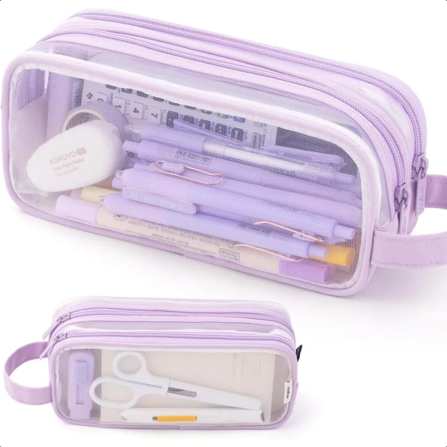 ANGOOBABY Large Grid Mesh Pencil Case 2 Compartment Pen Bag Clear Handheld Multifunction Pencil Pouch Transparent Makeup Bag fo