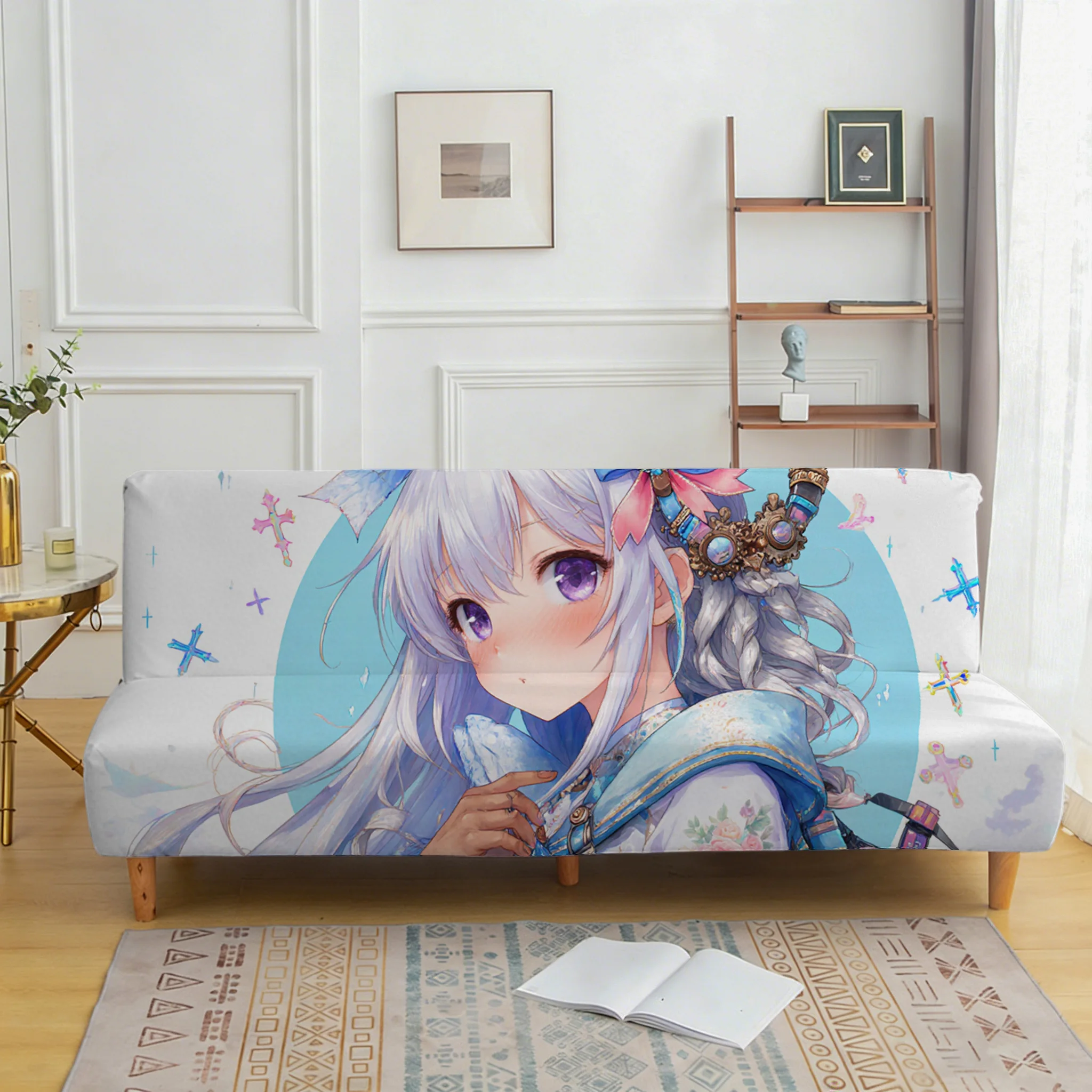 Two-dimensional silver hair girl sofa bed cover, non-slip and anti-scratch furniture protective cover, easy to install