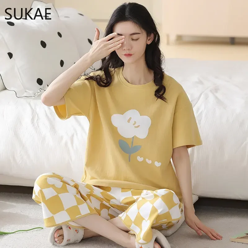 SUKAE 100% Cotton Woman's Capris Pajamas Sets Short Sleeves Calf-length Sleepwear Summer Quarter Pants Homesuits Woman Pijamas