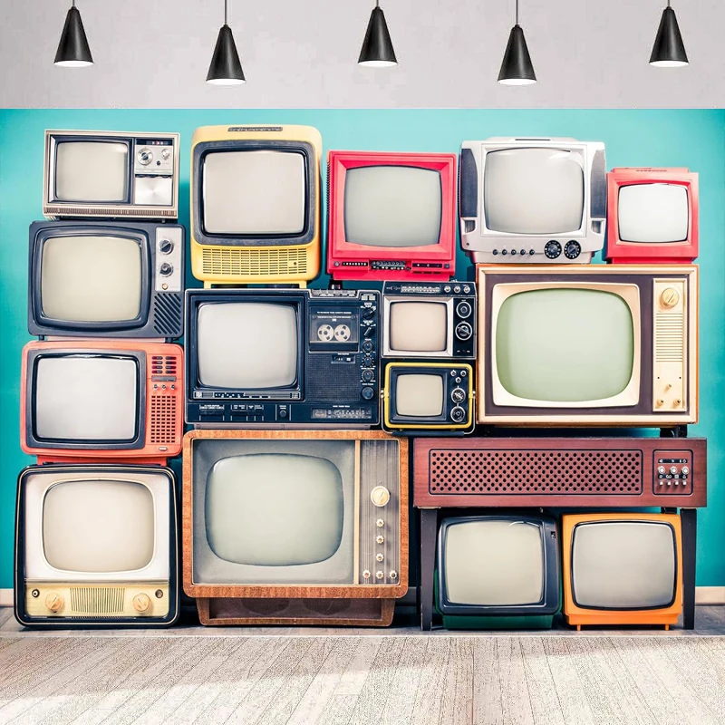 Retro TV Photography Backdrop Wooden Television Stand with TV Receivers Set from Circa 60s 70s and 80s Mint Blue Wall Background