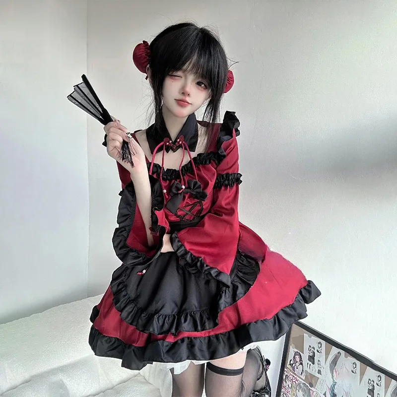 

Gothic Lolita Maid Uniform Women Halloween Animation Show Party Waitress Role Play Chinese Cheongsam Anime Dark Witch Dress c;8,