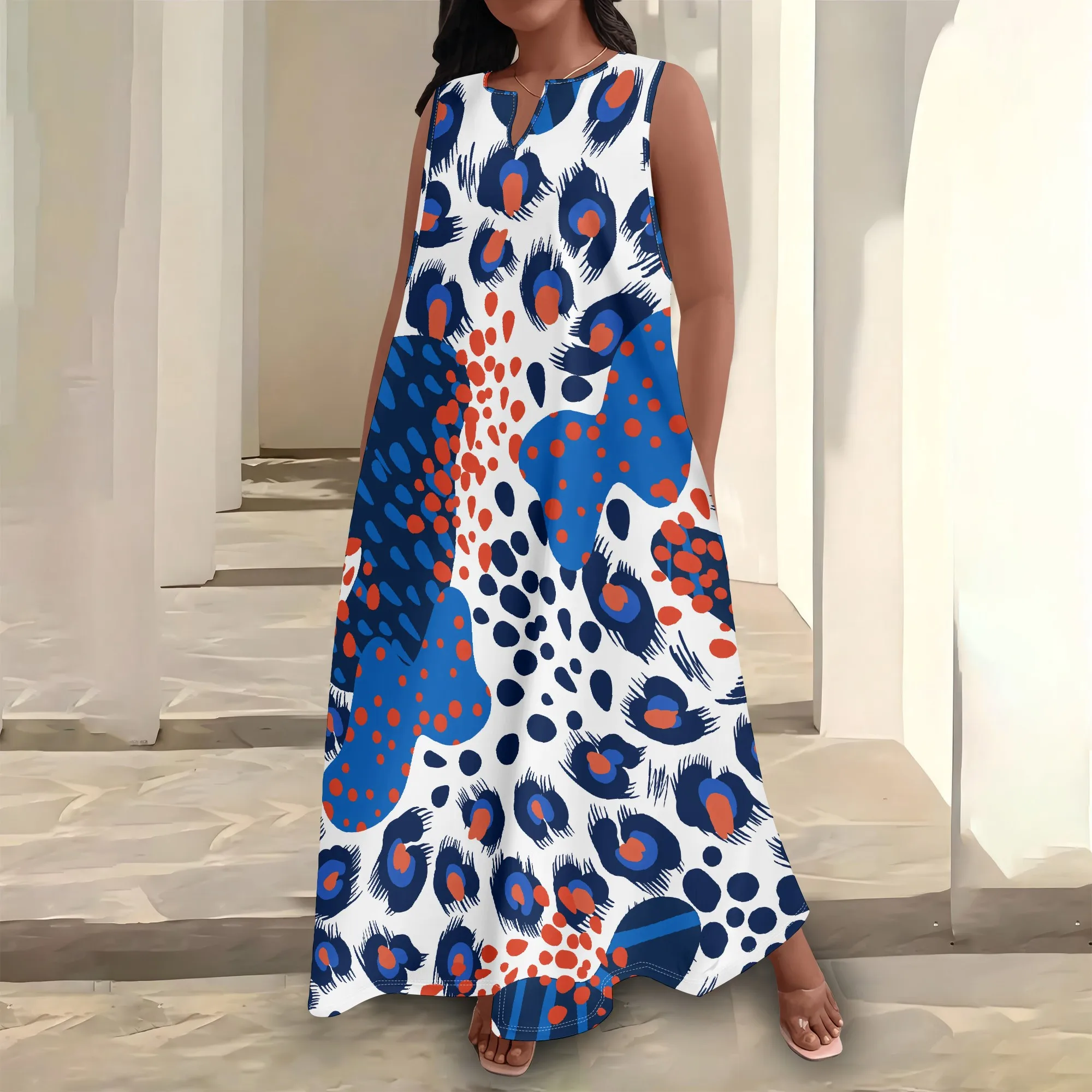 

Plus Size Women's Summerl Fashion Printed African Style Sleeveless Round V Neck Dress Loose And Casual Dress