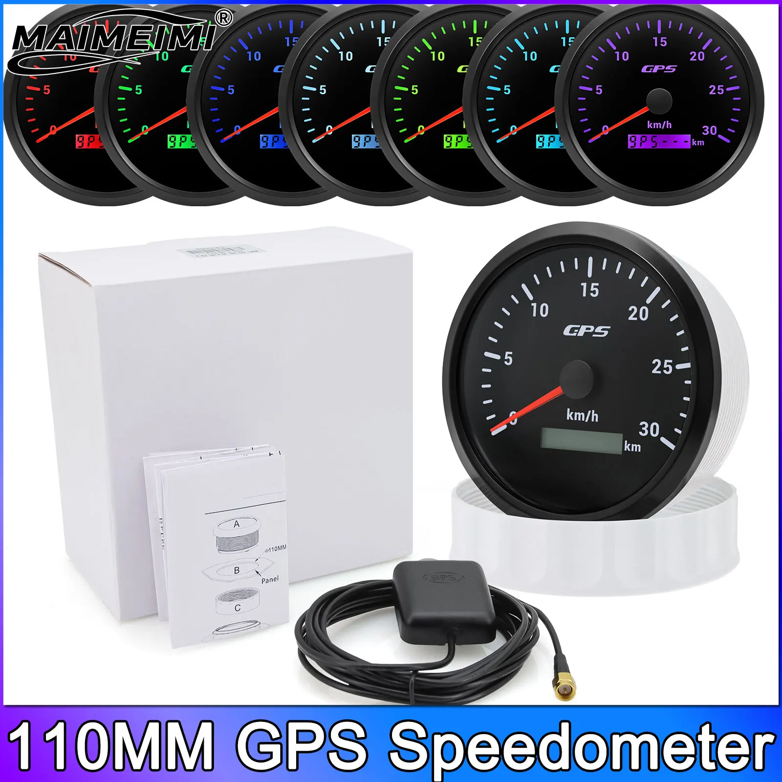 

Спидометр GPS 110 мм, 0-30 км/ч, с GPS-антенной, измеритель скорости, общее количество пройденных километров, водонепроницаемый, с 7-цветной подсветкой для автомобиля, лодки, грузовика