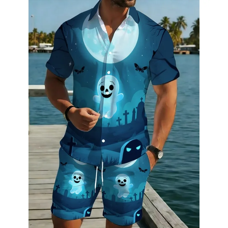 Premium Mens Two Piece Halloween Themed Print Shirt Shorts Set Breathable Polyester Leisure Wear Ideal For Beach Events Outdoor