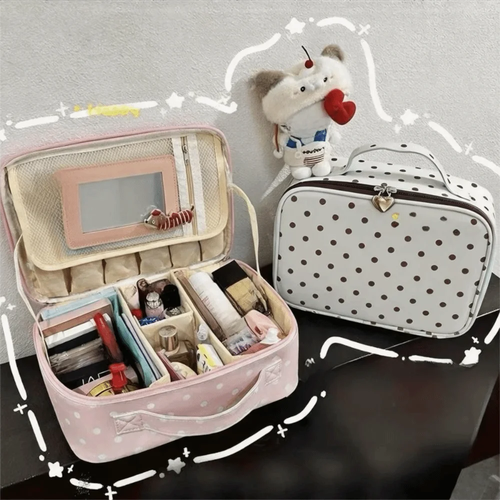 Large Capacity Handheld Makeup Bag PU Leather Polka Dot Portable Toiletry Pouch Waterproof Sturdy Handle Cosmetics Handbag Women
