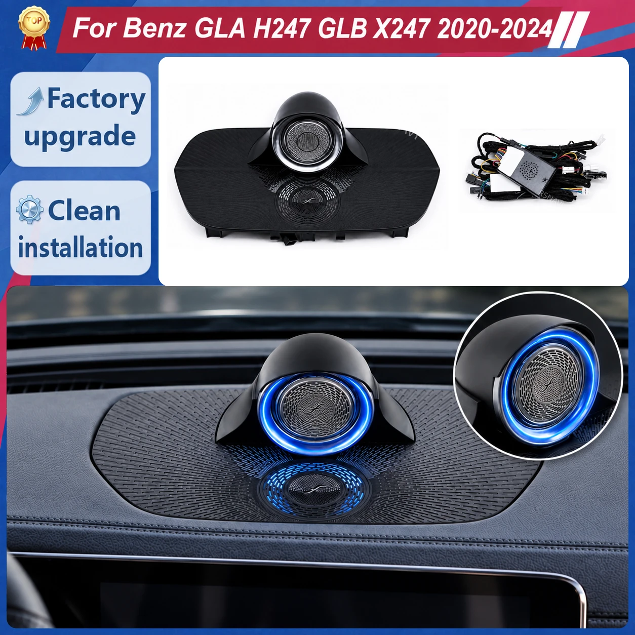 Smart Rotary Center Speaker with Ambient Lighting & Wiring for Mercedes-Benz GLB X247 & GLA H247 2020-2024, Dashboard Audio Trim