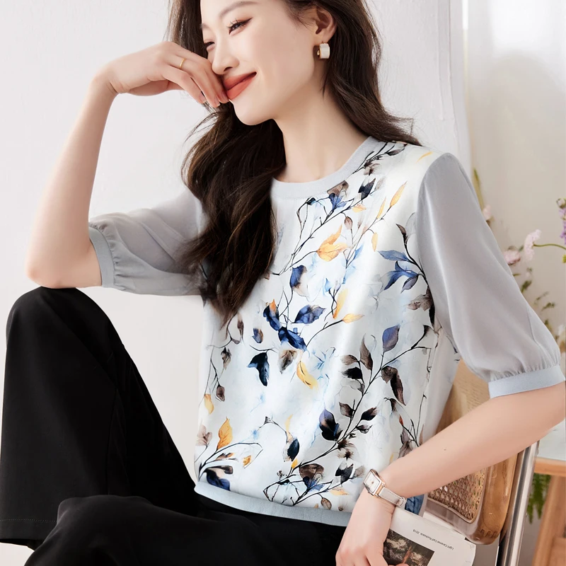 Satin Simulation Silk T-shirt for Women 2025 Printed Loose and Fashionable Western-style Five Quarter Short Sleeved T-shirt Tops