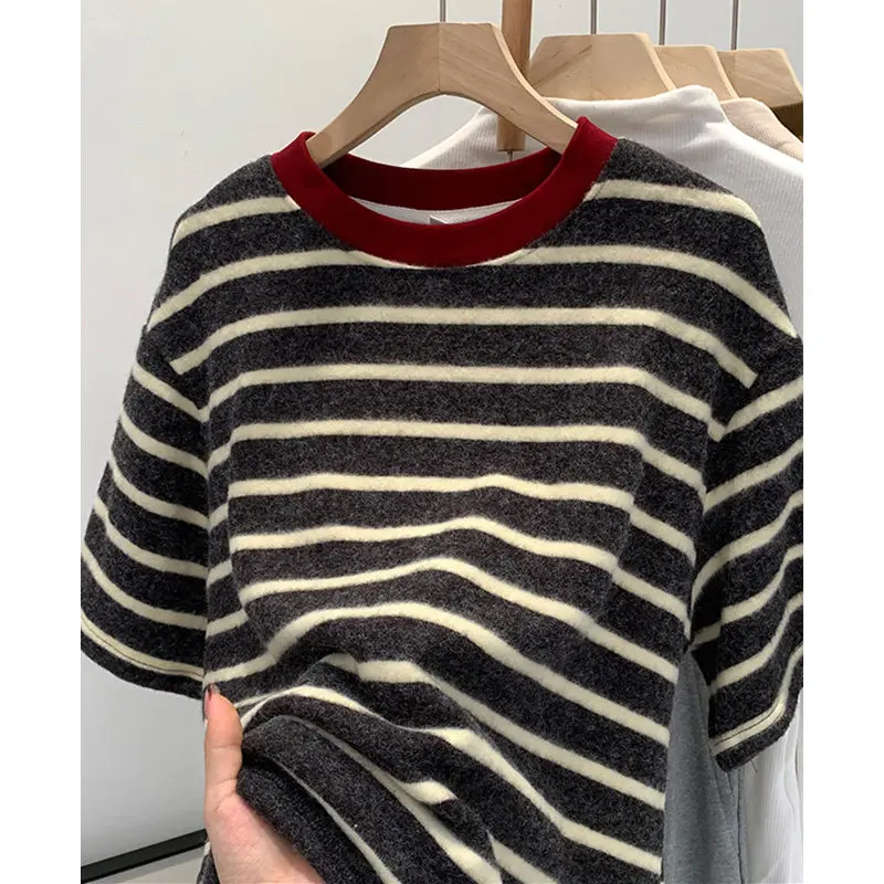 

American Retro Women T Shirt Short Sleeve Contrasting Stripe Loose Early Spring Top