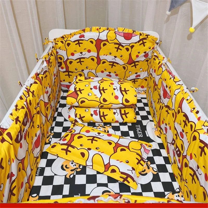 Juego de ropa de cama con estampado para niños, sábanas de algodón puro, encaje grueso, parachoques, suave, agradable para la piel, dibujos animados