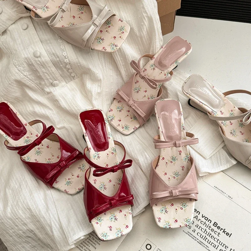 Flower Pink Bow Wedge Sandals for Women Slip On Shoes Wear Sandalias New Summer Mid Heels Slippers Square Head Open Toe Pumps view 3