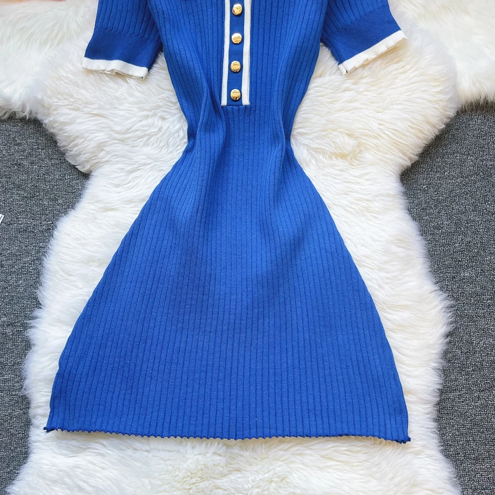 YuooMuoo chique moda sexy pacote quadris malha vestido de verão feminino elegante turn-down colarinho costela malha mini vestido streetwear