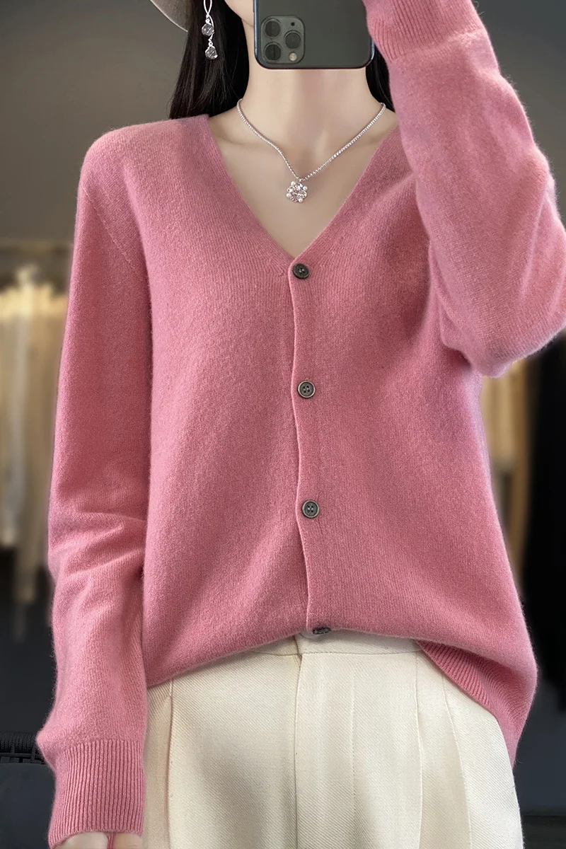 Basic V-Neck 100% Merino Wool Sweater Women Knitted Cashmere Cardigan Spring Autumn Female Knitwear Clothing Tops