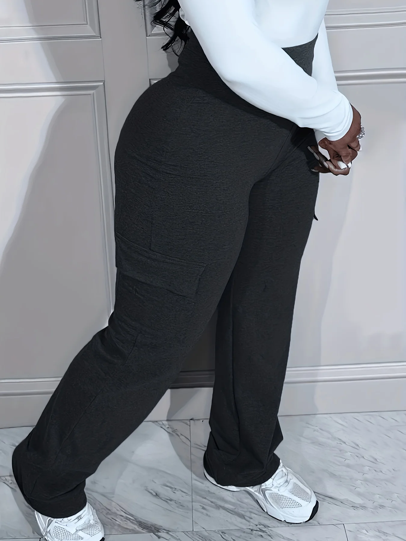 Plus Size Solid Pocket Pants Casual High Waist Pants for Spring & Fall Women's Plus Size Clothing