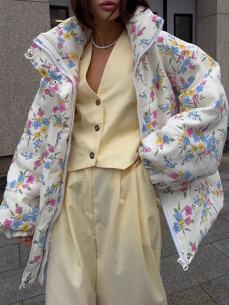 

Wolfeel новая женская куртка-пуховик большого размера с воротником-стойкой и застежкой-молнией с цветочным принтом теплое хлопковое пальто наполнитель осень-зима