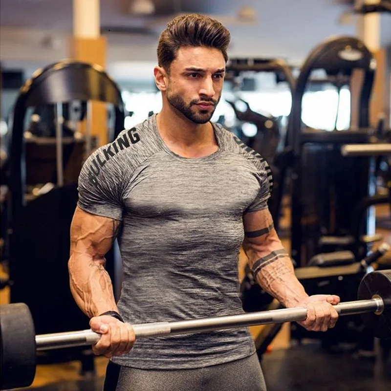 Fashion Breathable Muscle Fitness Men\'s Training Elastic T-Shirt Running Sports Quick Dry Short Sleeve Top Factory Direct Sales