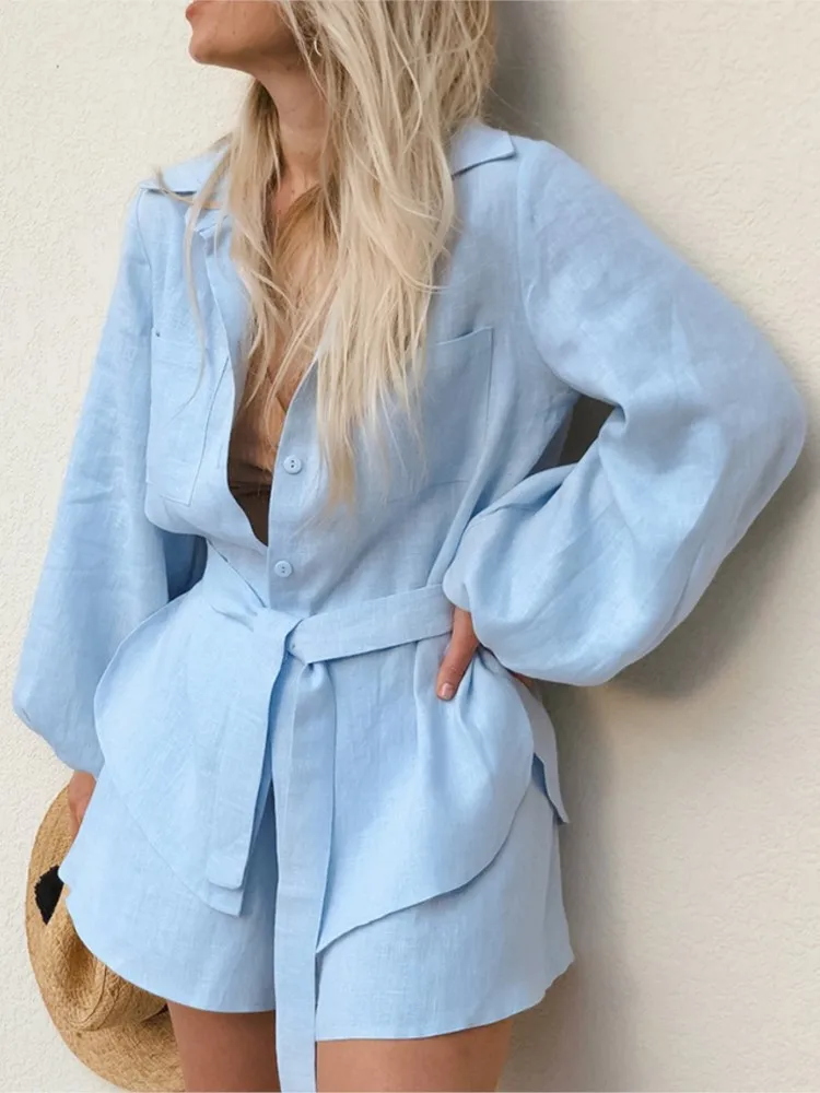 

Woman 2 Piece Set Outfit Long Sleeves Leace-up Top Solid Color Shorts Simple Style Two Piece Outfits Vacation Comfortable Trendy