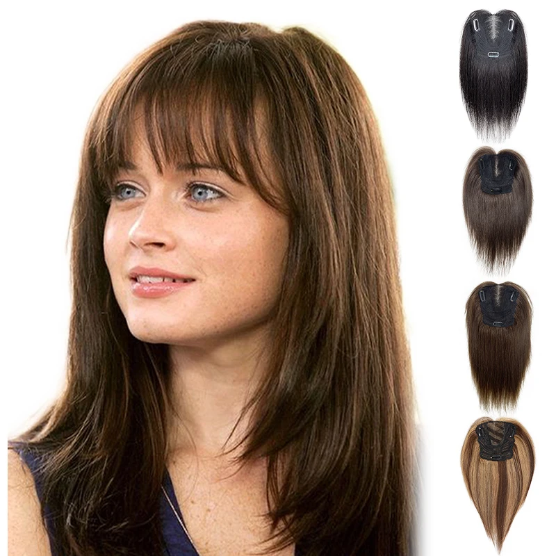 

100% человеческие волосы, 25 см, 3D воздушная челка, 13X12 см, женская сетка для волос, прямая челка с бахромой, топперы, заколки для волос с настоящими волосами