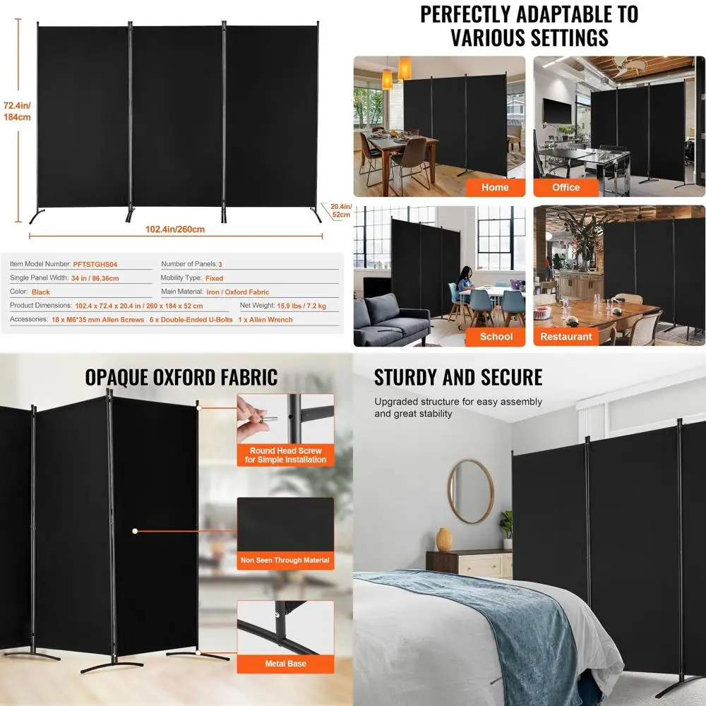 

Portable 3-Panel Black Room Divider: Stylish Privacy Screen for Home and Office