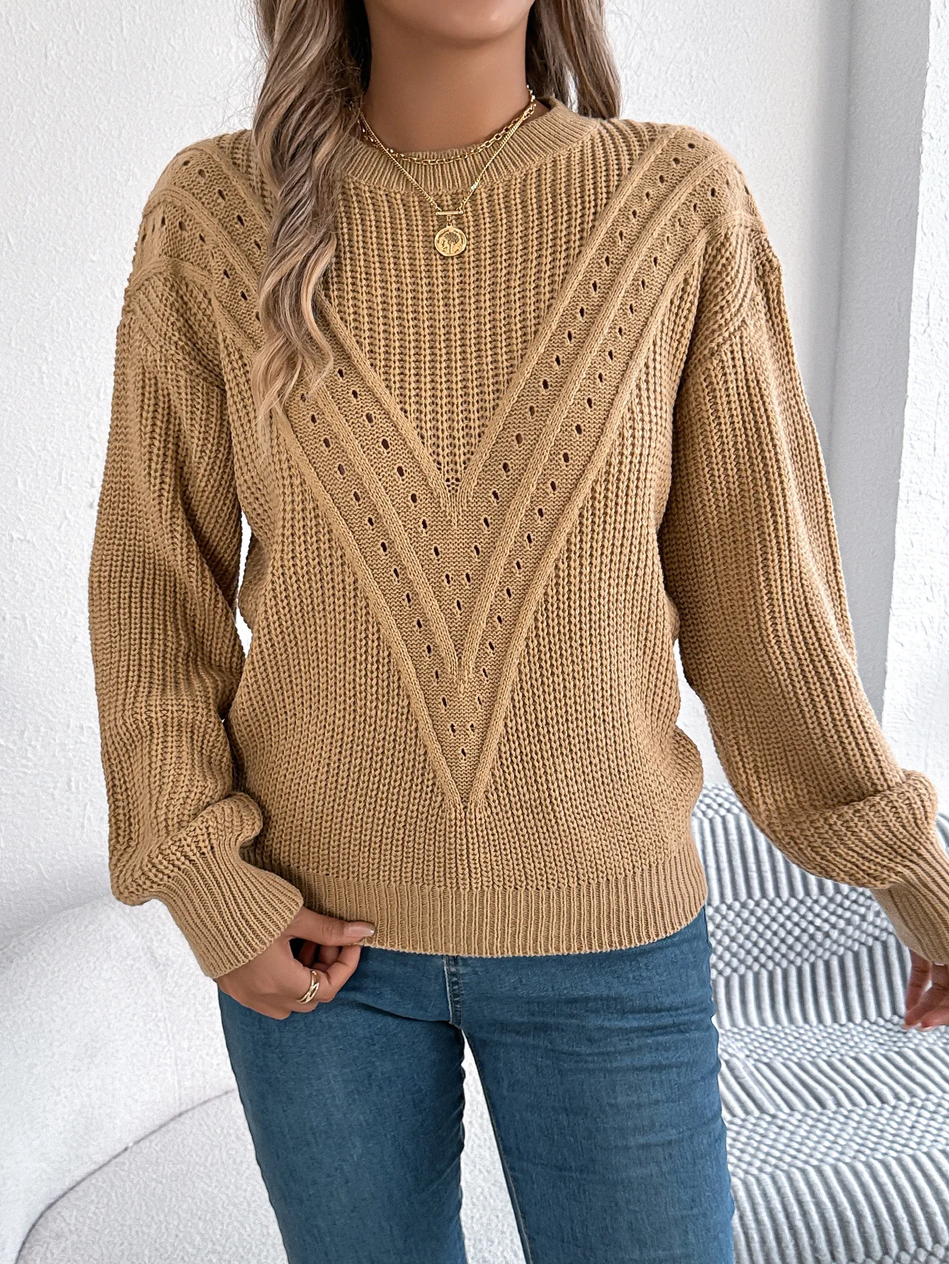 2025 Otoño Invierno mujer suéter Tops suéteres mujer Casual Color sólido cuello en V calado linterna manga suéter