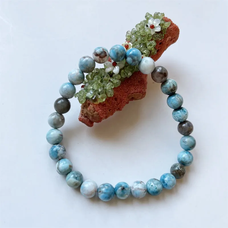 8MM Dominican Larimar Natural Stone Bracelet Elastic Cord Pulserase Jewelry Beads Lovers Woman Gift Sea Blue White Gem Power