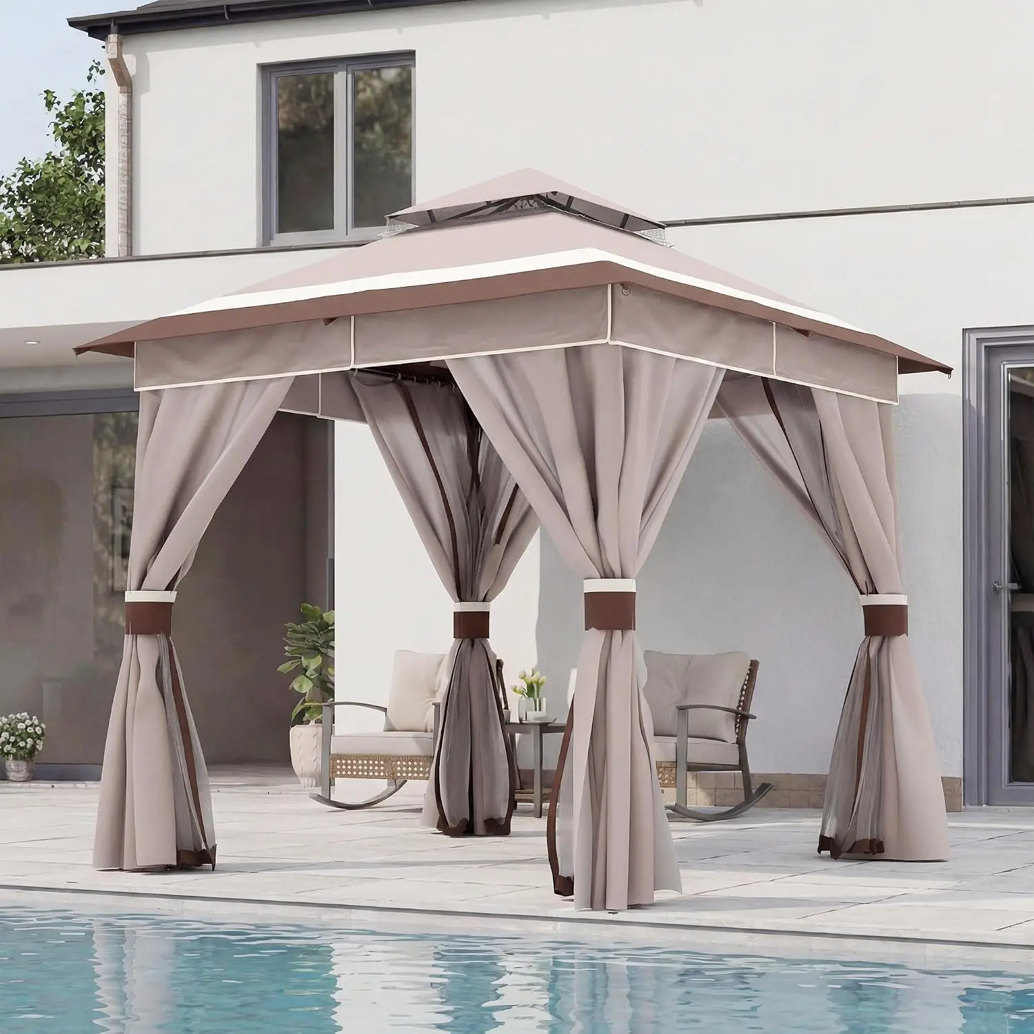 Outdoor Heavy Duty Gazebo 8'x8' with Double Roof & Mosquito Netting Privacy Screen for Backyard Garden Lawn, Customized