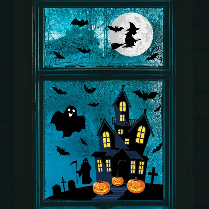 Pegatina electrostática de ventana de Halloween con diseño de murciélago fantasma y bruja, decorativa para casa embrujada y decoración del hogar