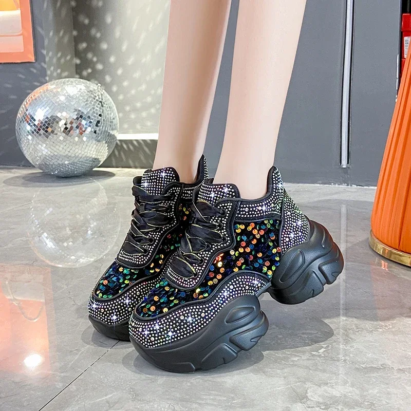 Fashion Shiny Ladies Platform Shoes Sneakers Women Trend 2023 New Spring Platform Lace Up Rhinestone Women Casual Shoes