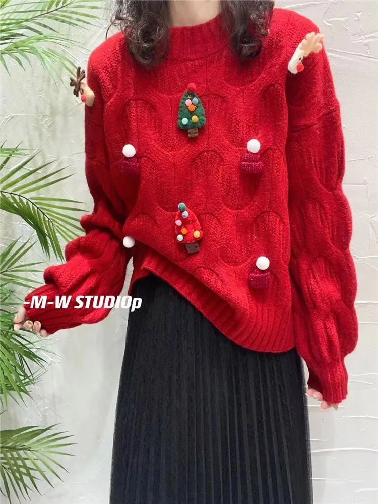 Sweet Girl New Fashion Christmas Red Sweater Holiday Decoration O Neck Twist Knit Pullover Long Sleeve Loose Casual Top Jumper