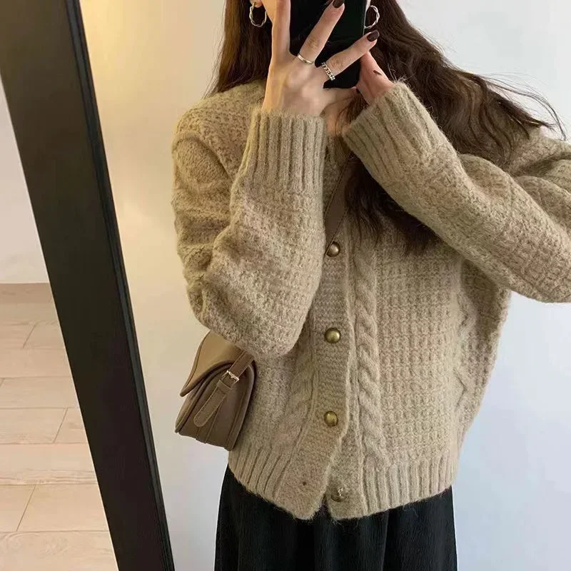 أكمام طويلة، سترات واحدة الصدر، ملابس الربيع والخريف، سترة صوفية قصيرة للنساء، معطف قصير، رقبة دائرية، #2