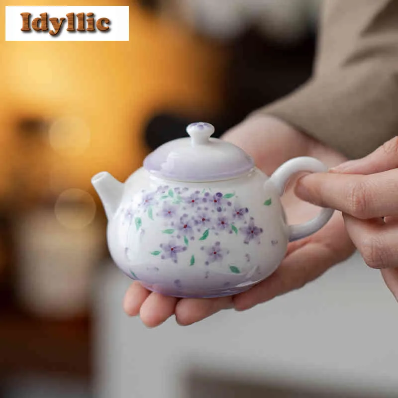 

100 мл нефритовая грязь, ручная роспись, фиолетовый цветок, чайник, эстетический чайник, чайник, чайник с шариковым отверстием, украшение для чайного набора