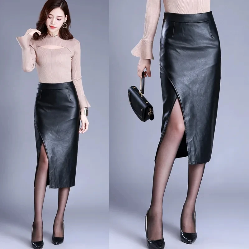 

Women PU Leather Skirt Spring Fall Over Knee High Waist Split Package Hip Sexy Skirt Ladies Midi Skirt 4XL W539