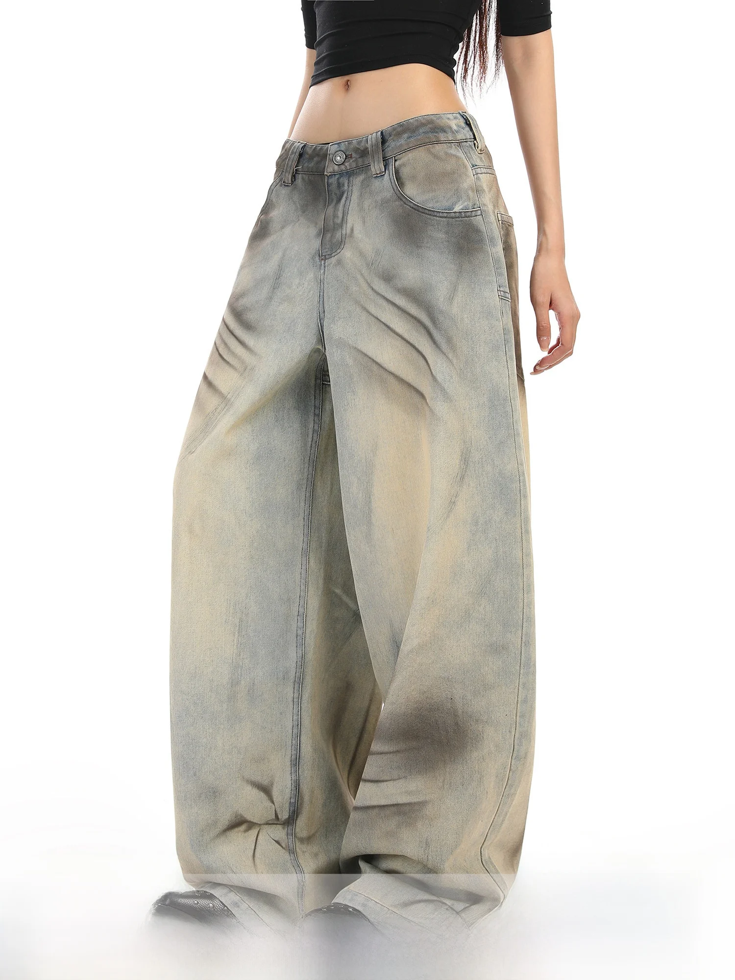 

Waed Low Waist Wide Leg Jeans Vintage Sle Loose Fit Floor Length Trendy Bootcut Pants for Young Women Spring Season