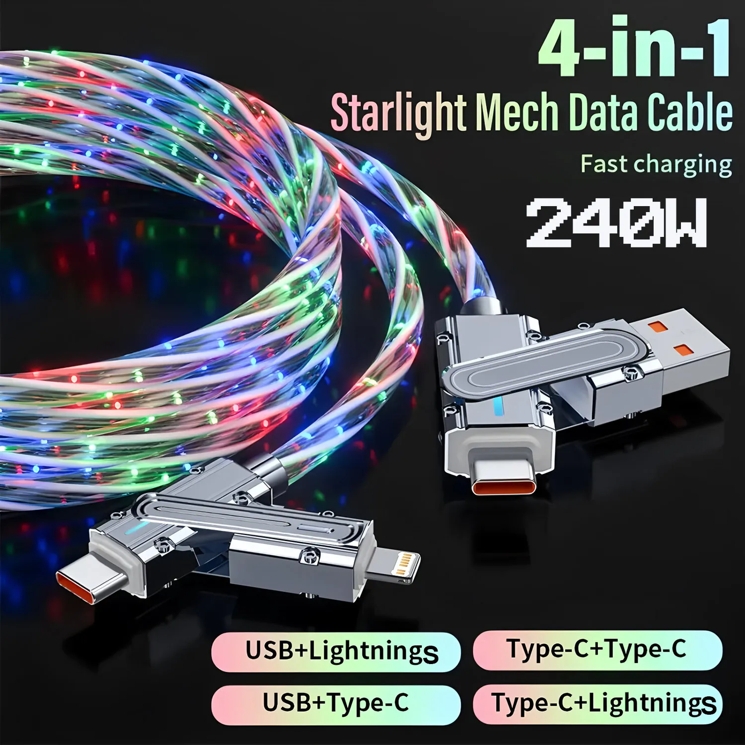Phone Cable 240W LED Luminous USB Cable 4 in 1 Fast Charging Data Cable for iPhone 14 Pro Max Charger Cables