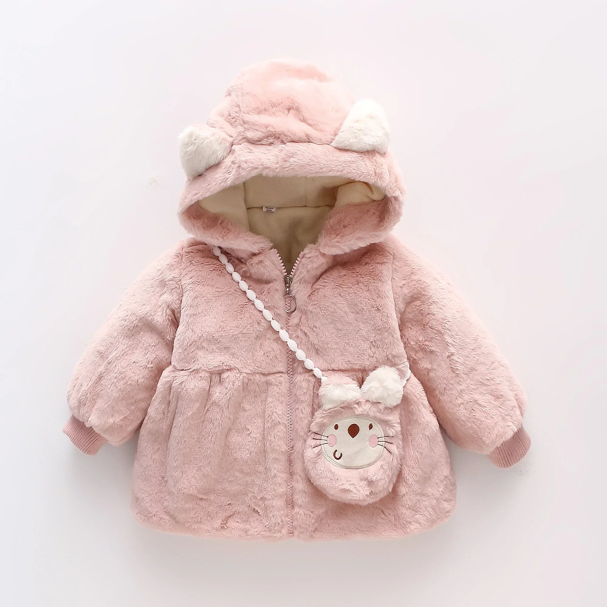 (0-3 Years Old Girls) New Winter Girl Tire Furry Bear Ears Hooded Coat Long Sleeve Warm Furry Zipper Cardigan Cute Coat