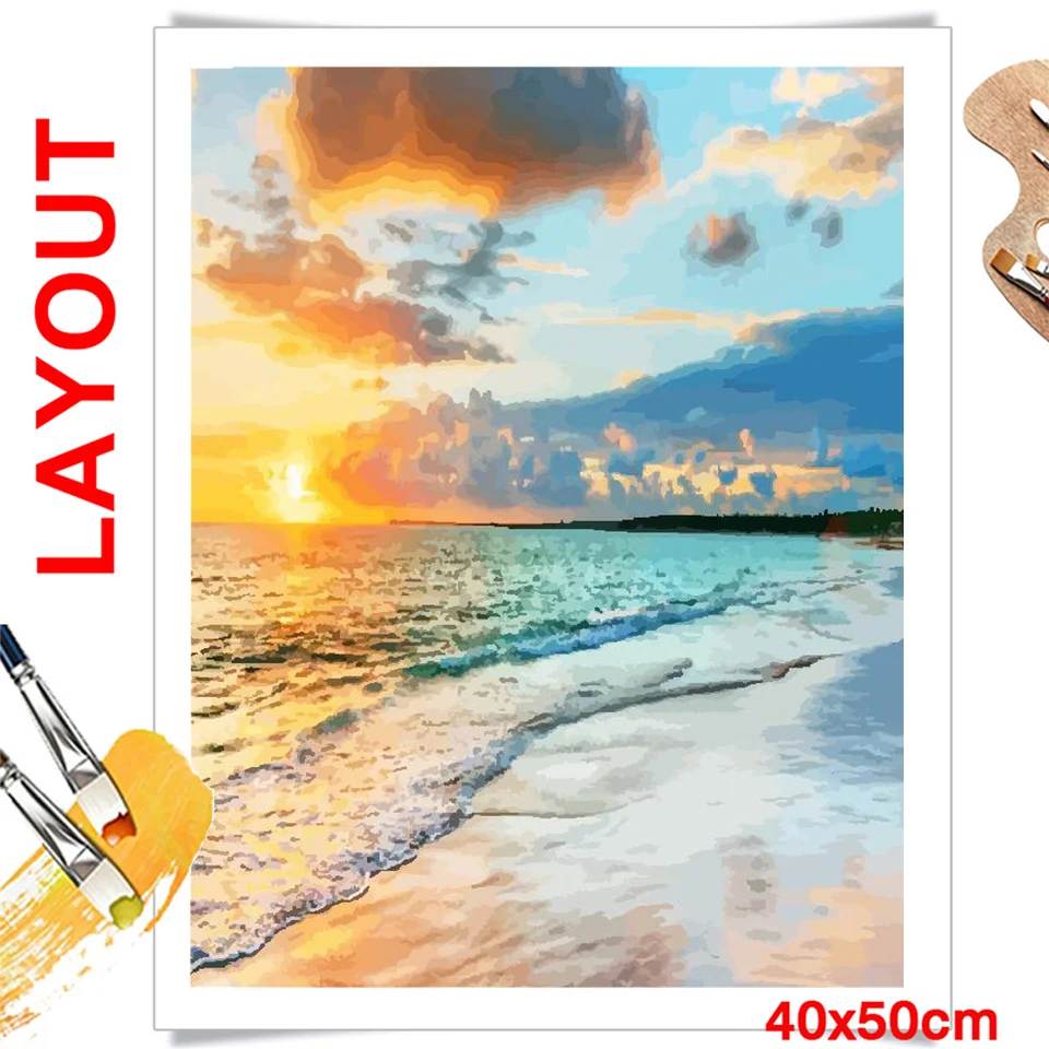 Azqsd-数字の風景、海と日没、手描きのキャンバス、ビーチカラー、DIY